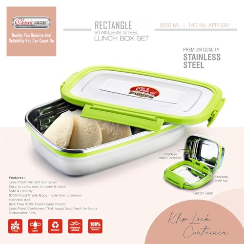 Classic Steels Satinless Steel Rectangle Lunch Box 900 ml + 200 ml Leak Proof Air Tight Lunch Box Green - Image 4