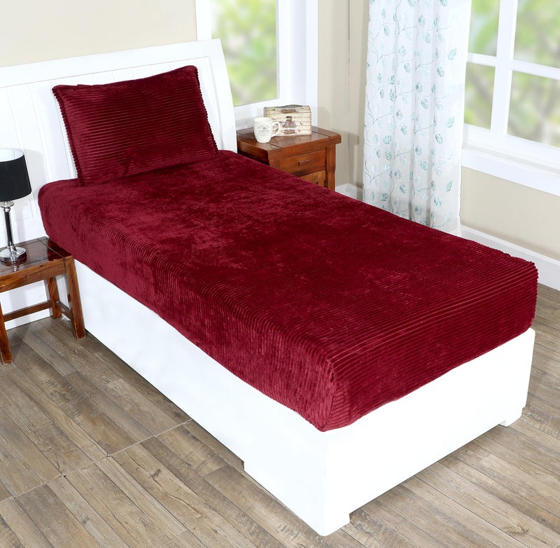 RD TREND 190 GSM Flannel Elastic Fitted Warm bedsheets for Winter Single Bed (72x48x8 Inches) with 1 Pillow Cover Size (18x28 Inches) Color- Marron - Image 1