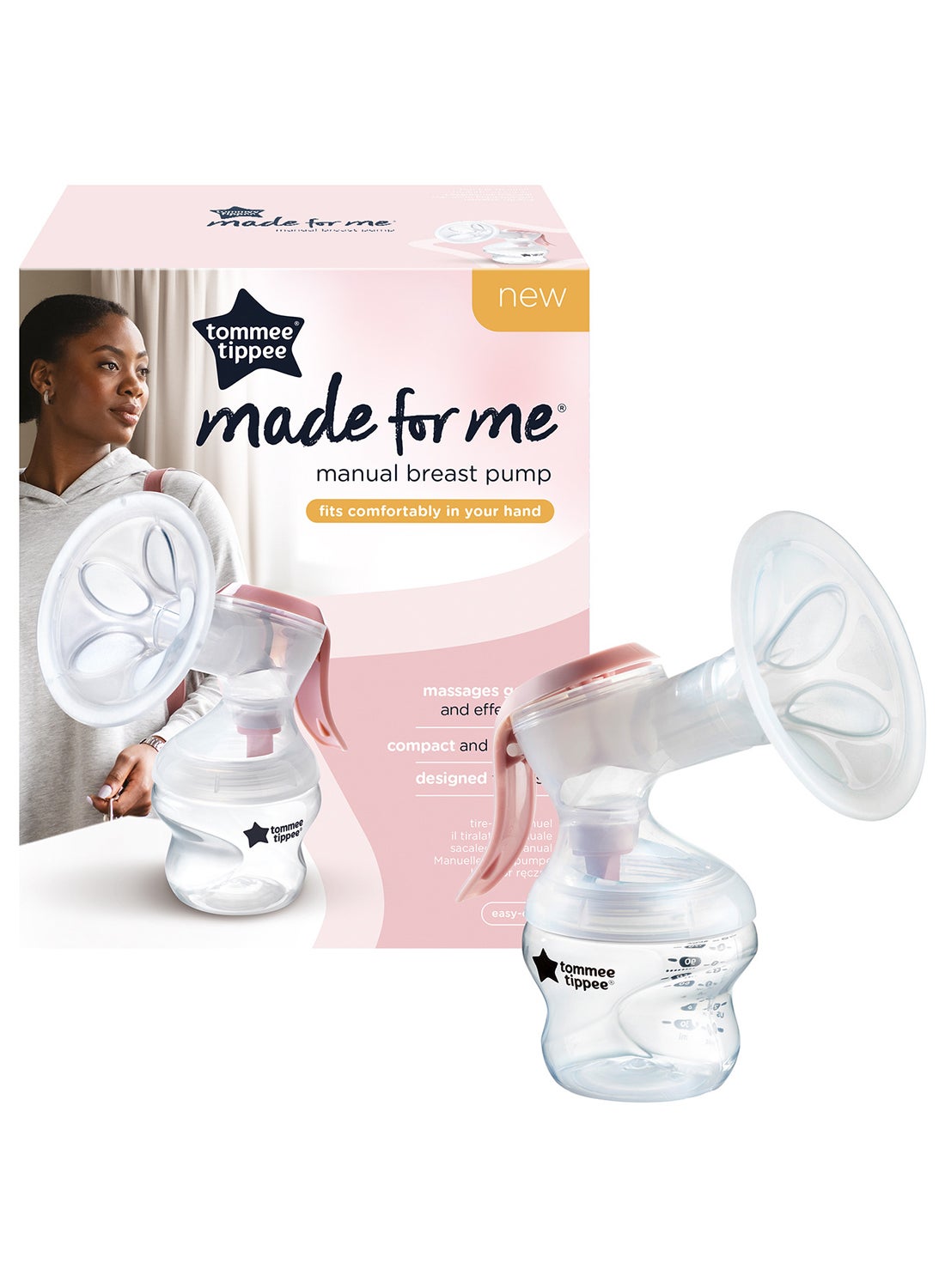 tommee tippee Made for Me Single Manual Breast Pump, Strong Suction, Soft Feel, Ergonomic Handle, Portable and Quiet Breastmilk Pump, Baby Bottle Included, One Size