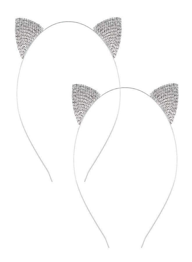 CBLUO 2 Pcs Cat Ears Headband Halloween Rhinestone Kitty Hair Hoops Crystal Cat Kitten Ears Headpiece Hairband Hair Bands Women Christmas Party Decoration Cosplay Costume Handmade Cute Hair Accessories - Image 1