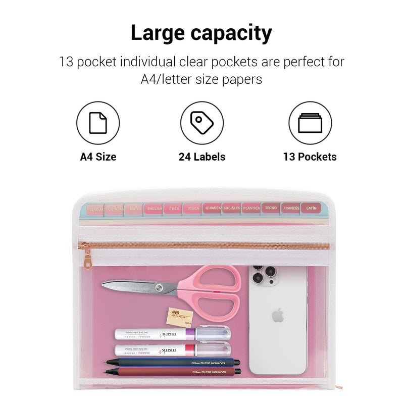 Mukawa 13 Pocket Zippered Expanding File Folder, Accordion File Organizer for Documents Letter Size A4 Papers (Pink) - Image 5