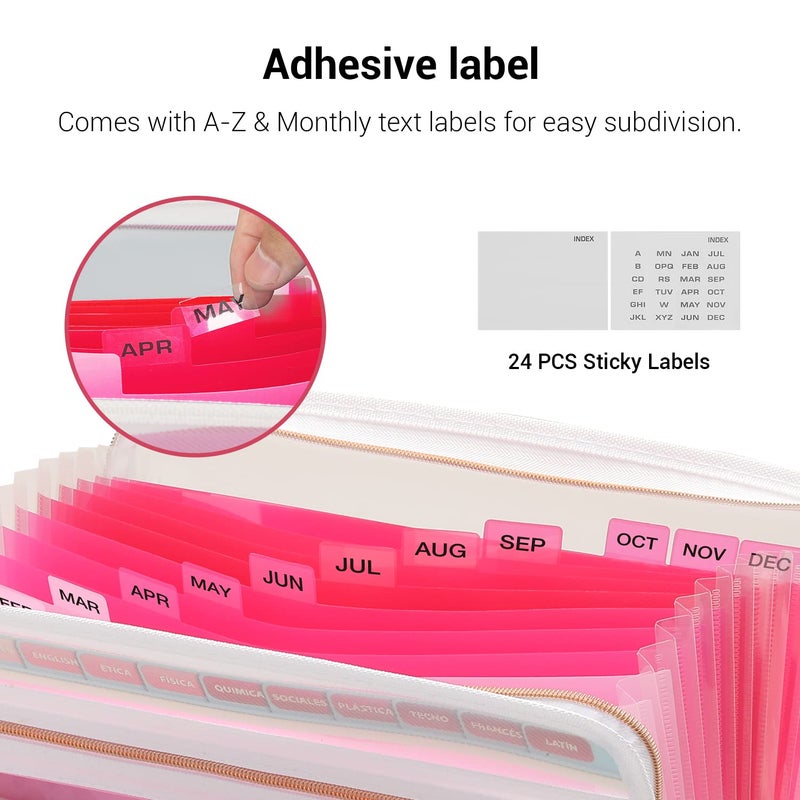 Mukawa 13 Pocket Zippered Expanding File Folder, Accordion File Organizer for Documents Letter Size A4 Papers (Pink) - Image 4