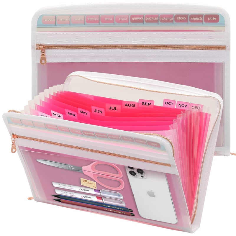 Mukawa 13 Pocket Zippered Expanding File Folder, Accordion File Organizer for Documents Letter Size A4 Papers (Pink) - Image 1