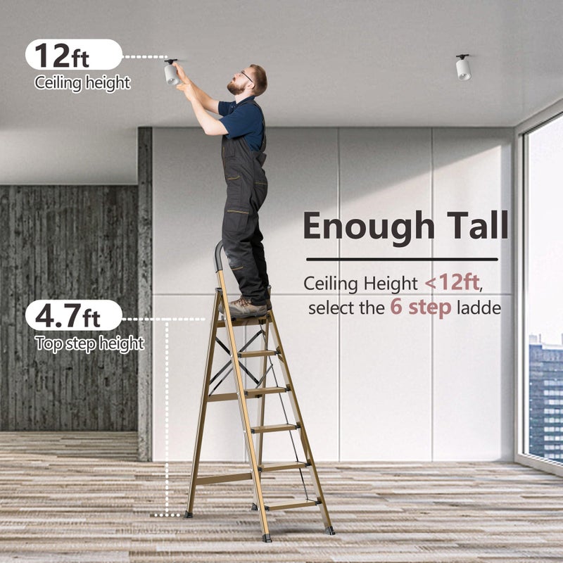 GameGem Lightweight Aluminum 6 Step Ladder for 12 Feet High Ceiling, Folding Step Stool Stepladders with Anti-Slip and Wide Pedal for Home and Kitchen Use Space Saving (Brown Gold) - Image 2
