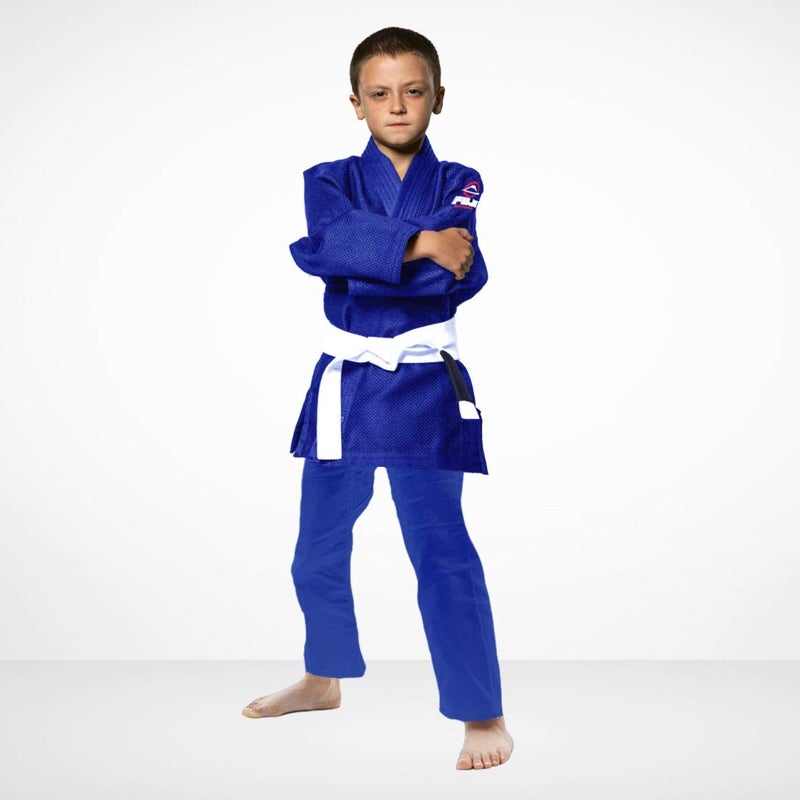 FUJI Kids All-Around Brazilian Style Jiu Jitsu Uniform with C0-Sized White Belt, Blue, Size C1 - Image 2