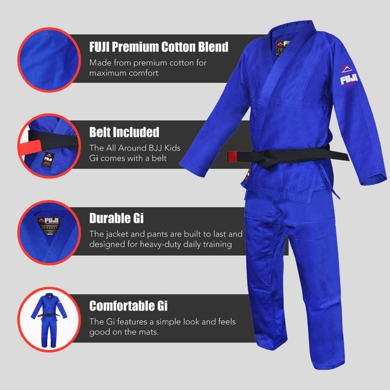 FUJI Kids All-Around Brazilian Style Jiu Jitsu Uniform with C0-Sized White Belt, Blue, Size C1 - Image 3