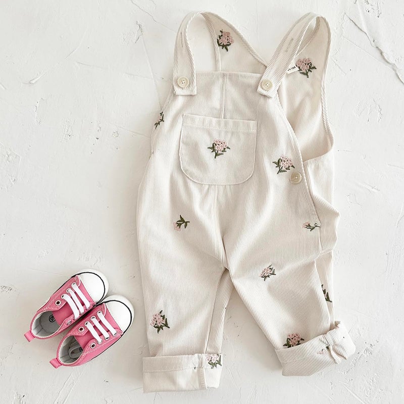 Korago Baby Girl Overalls Corduroy with Floral Embroidery,Beige Toddler Jumpsuit Romper,Soft Overall for Girls (6 Months-3T) (US, Age, 18 Months, Beige) - Image 4