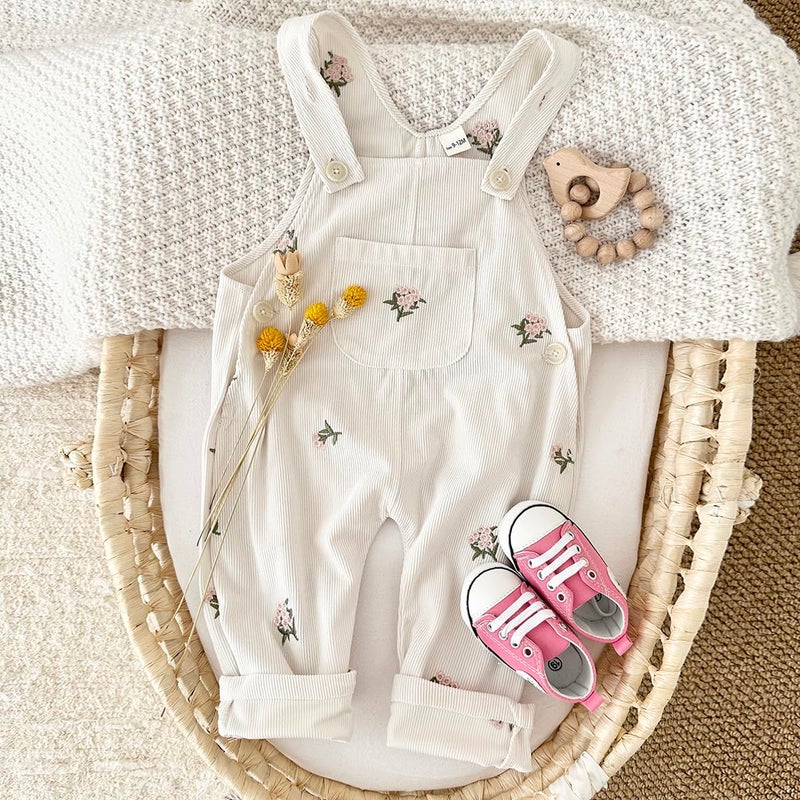 Korago Baby Girl Overalls Corduroy with Floral Embroidery,Beige Toddler Jumpsuit Romper,Soft Overall for Girls (6 Months-3T) (US, Age, 18 Months, Beige) - Image 3