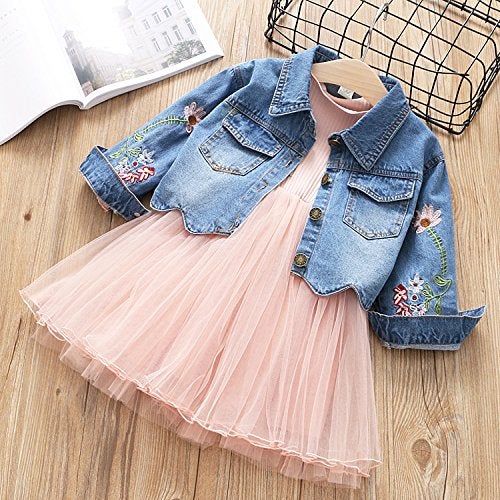 Yao Spring Autumn Little Girls Clothing Set Child Kids Denim Jacket and Long Sleeve Dress 2 Pieces Set (5T, Pink) - Image 2