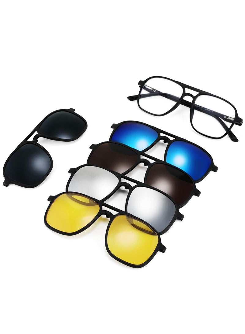 Night Driving Clip on Sunglasses Set for Men Women - TR90 Square Frame with 5pcs Replacement Lens, Magnetic Clip Eyeglasses for Better Vision - Image 1