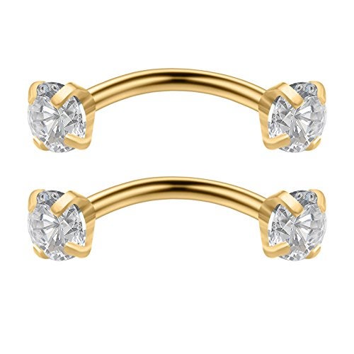 Ruifan 2PCS 16G 8mm 5/16Inch Stainless Steel 3mm Cubic Zirconia Gem Internally Thread Curved Barbell Eyebrow Tragus Lip Ring Piercing Jewelry - Gold - Image 5