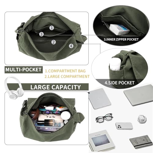 BEFUNIRISE Canvas Messenger Bag for Women Men Vintage Satchel Bag Aesthetic Crossbody Shoulder Bag Casual Sling Bag (A-Green) - Image 5