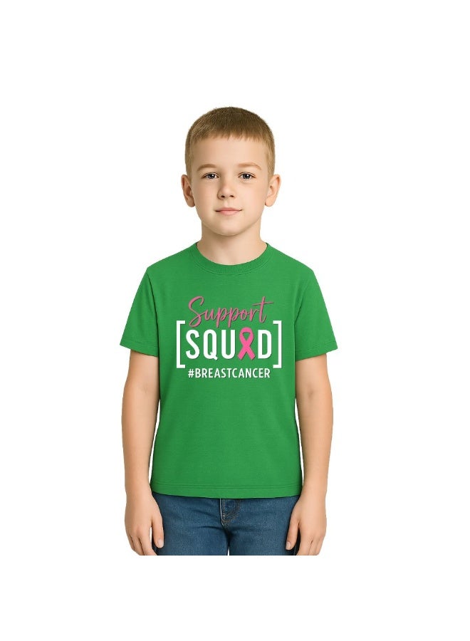 BreastCancer Awareness Kids T-Shirt For Boys–Green Cotton Tee With Pink Ribbon Support Squad Print–Round Neck Short Sleeve For School & Events - Image 1