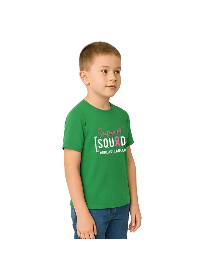 BreastCancer Awareness Kids T-Shirt For Boys–Green Cotton Tee With Pink Ribbon Support Squad Print–Round Neck Short Sleeve For School & Events - Image 2