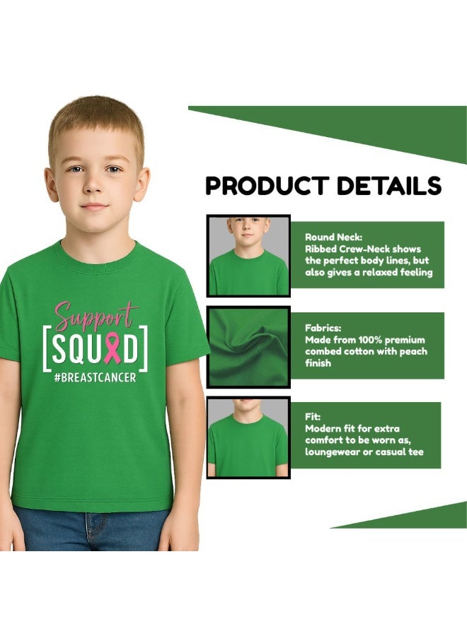 BreastCancer Awareness Kids T-Shirt For Boys–Green Cotton Tee With Pink Ribbon Support Squad Print–Round Neck Short Sleeve For School & Events - Image 3
