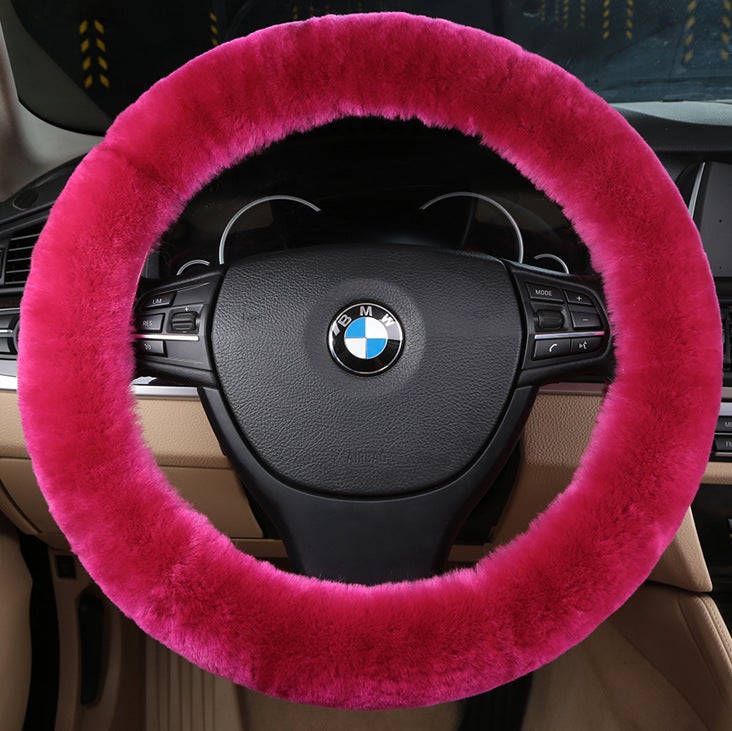 Generic New car wool steering wheel cover wool short plush cute wool car handle cover winter handle cover fur one Rose Red 