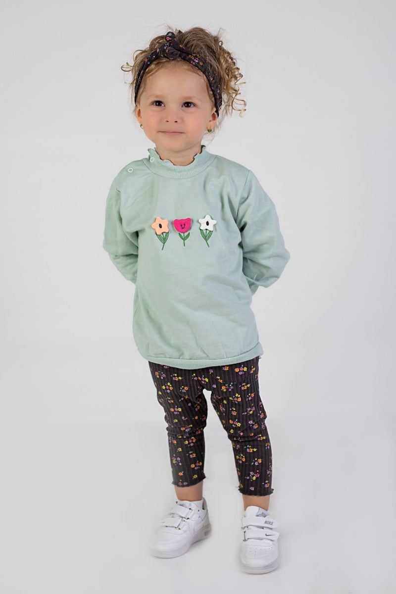 Harika Kids Baby Girl Two Yarn Fabric Medium Thickness Embroidered Bandana Included Knitted Basic Tracksuit Set  - Image 4