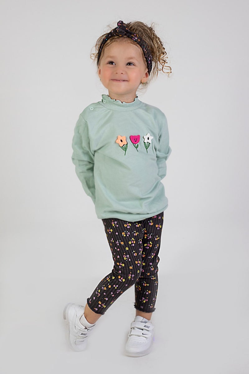 Harika Kids Baby Girl Two Yarn Fabric Medium Thickness Embroidered Bandana Included Knitted Basic Tracksuit Set  - Image 2