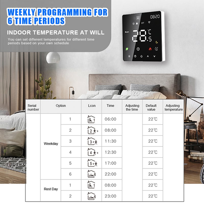 Smart Thermostat: Black WiFi Electric Heating, Weekly Programmable Function - LCD Touchscreen Display, Room Thermostat for Home Indoor Use With Manual & Automatic Mode, Child Lock - Image 5