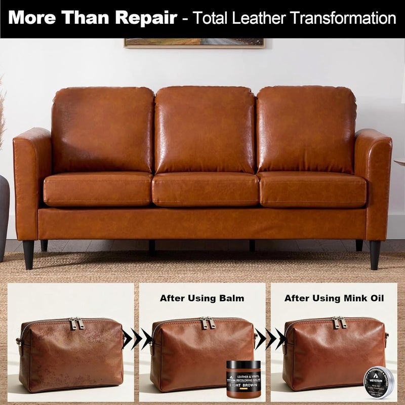 WEYSTOM 8.5 OZ Leather Recoloring Balm with 100ML Leather Conditioner - Light Brown Leather Repair Kit for Furniture, Leather Dye, Recolor, Renew, Repair & Restore Aged, Faded, Cracked, Peeling and Scuffed - Image 2