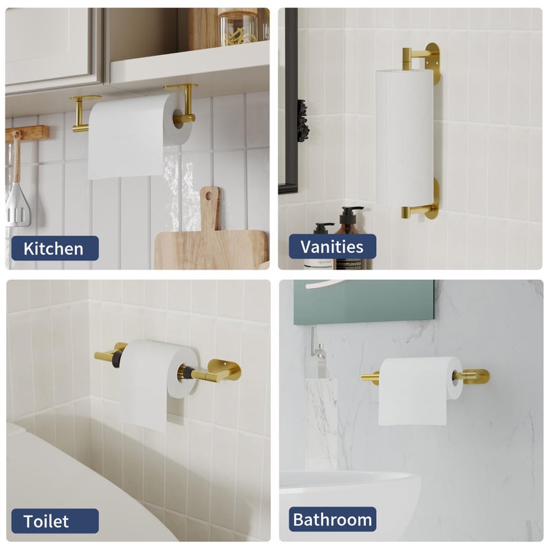 WZRUA Paper Towel Holder Under Cabinet, Single Hand Operable Roll Holder with Damping Effect,Self-Adhesive or Drilled SUS304 Stainless Steel for Kitchen Bathroom,Gold - Image 4
