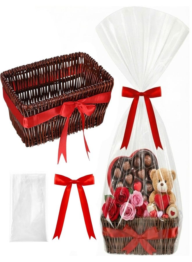 Threehoney Wicker Gift Basket Empty to Fill 12x7x5" Mother's Day Woven Empty Baskets for Gifts with Bag and Bow Ribbon for Baby Shower Birthday Wedding Favor Wrapping(Dark Brown - Image 1