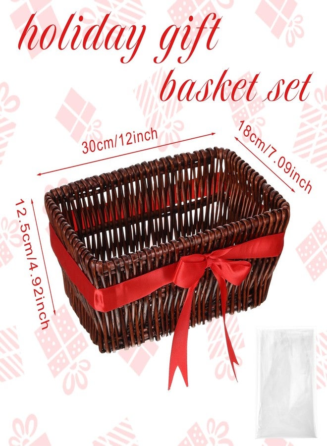 Threehoney Wicker Gift Basket Empty to Fill 12x7x5" Mother's Day Woven Empty Baskets for Gifts with Bag and Bow Ribbon for Baby Shower Birthday Wedding Favor Wrapping(Dark Brown - Image 2