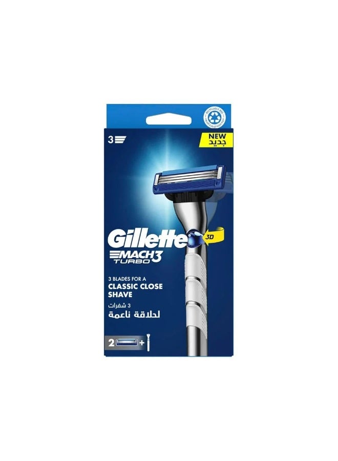 ماكينة حلاقة جيليت ماخ 3 تيربو ثلاثية الأبعاد للرجال مقبض كروي مع شفرتين - Image 1