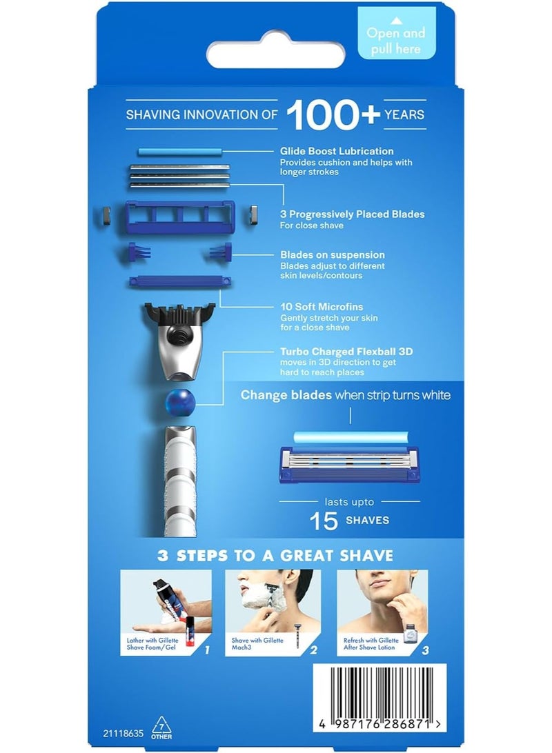 ماكينة حلاقة جيليت ماخ 3 تيربو ثلاثية الأبعاد للرجال مقبض كروي مع شفرتين - Image 4