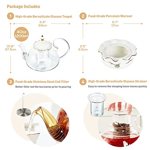 DUJUST Blooming Tea Pot Set, Luxury British Design with Relief Decor & Gold Trims, Hand-Crafted Clear Teapot with Warmer, 40oz Glass Teapot with Infuser, Stove-Safe Tea Party Gift & Home Décor - Image 5