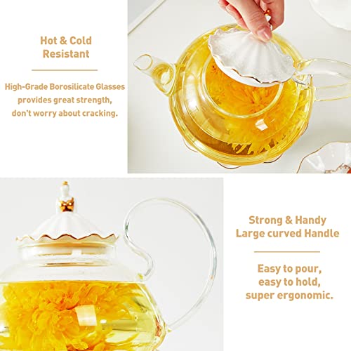 DUJUST Blooming Tea Pot Set, Luxury British Design with Relief Decor & Gold Trims, Hand-Crafted Clear Teapot with Warmer, 40oz Glass Teapot with Infuser, Stove-Safe Tea Party Gift & Home Décor - Image 4