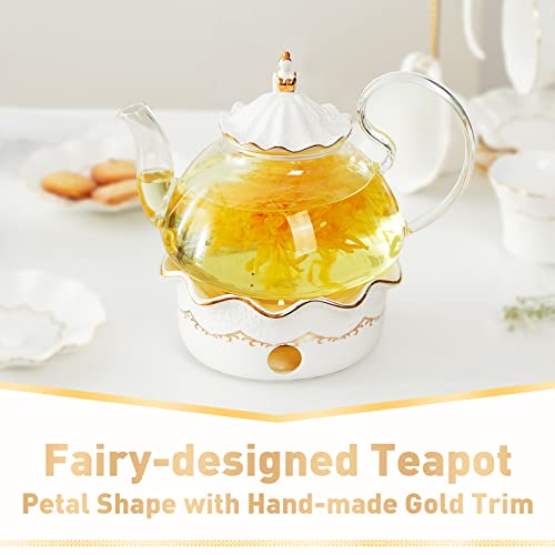 DUJUST Blooming Tea Pot Set, Luxury British Design with Relief Decor & Gold Trims, Hand-Crafted Clear Teapot with Warmer, 40oz Glass Teapot with Infuser, Stove-Safe Tea Party Gift & Home Décor - Image 2