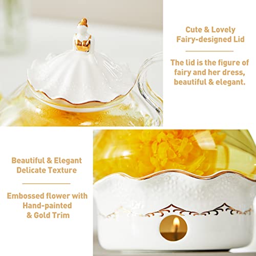DUJUST Blooming Tea Pot Set, Luxury British Design with Relief Decor & Gold Trims, Hand-Crafted Clear Teapot with Warmer, 40oz Glass Teapot with Infuser, Stove-Safe Tea Party Gift & Home Décor - Image 3