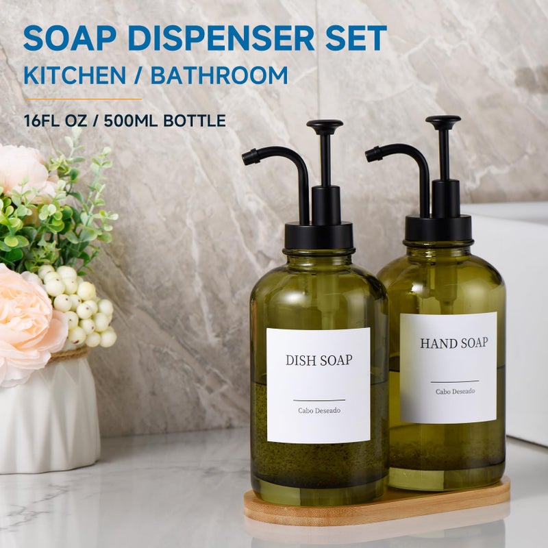 Cabo Deseado Glass Soap Dispenser with Pump, Dish and Hand Soap Dispenser for Kitchen Bathroom Set, Clear Glass Dispenser Set of 2 Pack with 18 Stickers Funnel Bamboo Tray 500ml 18oz Green - Image 2