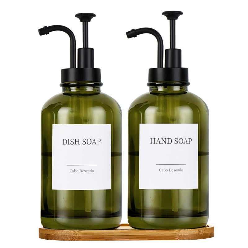 Cabo Deseado Glass Soap Dispenser with Pump, Dish and Hand Soap Dispenser for Kitchen Bathroom Set, Clear Glass Dispenser Set of 2 Pack with 18 Stickers Funnel Bamboo Tray 500ml 18oz Green - Image 1
