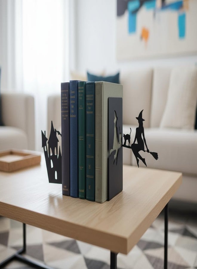 فاصلتا كتب معدنيتان بتصميم ساحرة قوطية وقلعة مسكونة | مانع كتب أسود شديد التحمل للكتب الخيالية، ديكور منزلي للهالوين، إكسسوارات مكتبية - Image 5