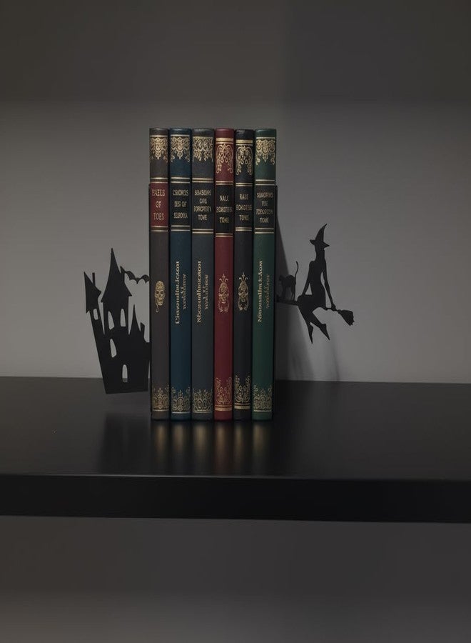 فاصلتا كتب معدنيتان بتصميم ساحرة قوطية وقلعة مسكونة | مانع كتب أسود شديد التحمل للكتب الخيالية، ديكور منزلي للهالوين، إكسسوارات مكتبية - Image 4
