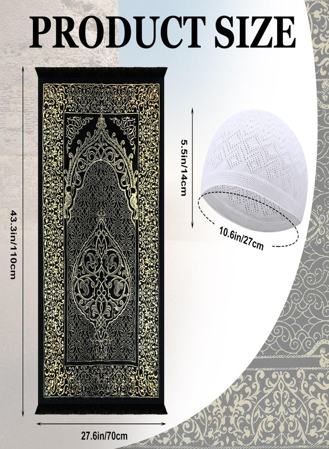 Mindsoft 10 Pcs Muslim Prayer Rug Islamic Prayer Mat with Kufi Hats Prayer Cap, Muslim Tasbih Prayer Beads, Portable Compass and Storage Bags for Men Women Kids Ramadan Eid Travel Gifts Black, Gold - Image 2