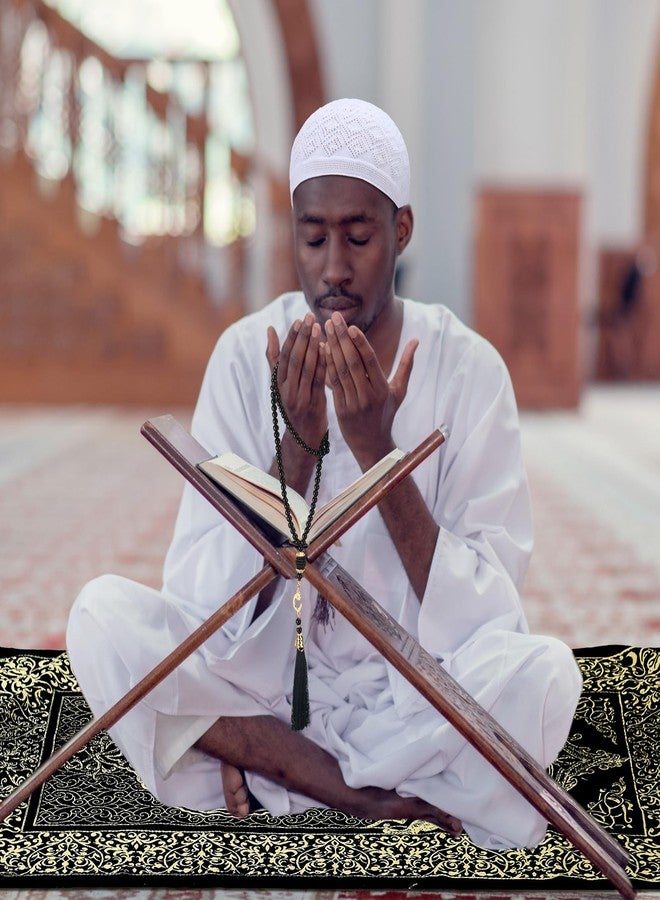 Mindsoft 10 Pcs Muslim Prayer Rug Islamic Prayer Mat with Kufi Hats Prayer Cap, Muslim Tasbih Prayer Beads, Portable Compass and Storage Bags for Men Women Kids Ramadan Eid Travel Gifts Black, Gold - Image 5
