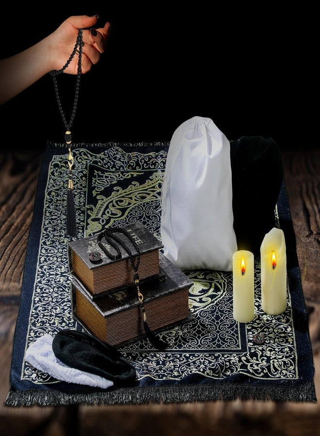 Mindsoft 10 Pcs Muslim Prayer Rug Islamic Prayer Mat with Kufi Hats Prayer Cap, Muslim Tasbih Prayer Beads, Portable Compass and Storage Bags for Men Women Kids Ramadan Eid Travel Gifts Black, Gold - Image 4