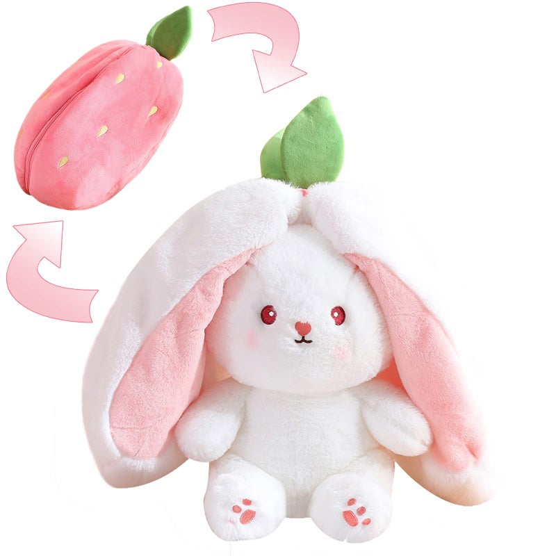 Plush Toy Pillow, Reversible Carrot Strawberry Bunny Plush with Zipper, Easter Bunny Stuffed Animal Cute Rabbit Plushie Birthday Gift for Boys Girls Kids (1pcs 10" Strawberry)