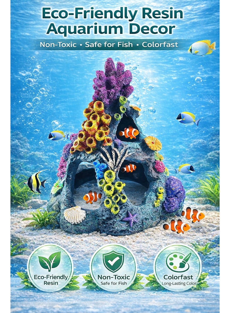 ديكور حوض السمك من الراتنج الصديق للبيئة زينة حوض أسماك على شكل جبل مرجاني واقعي مخبأ لأسماك البيتا والذهبية - غير سام - Image 1