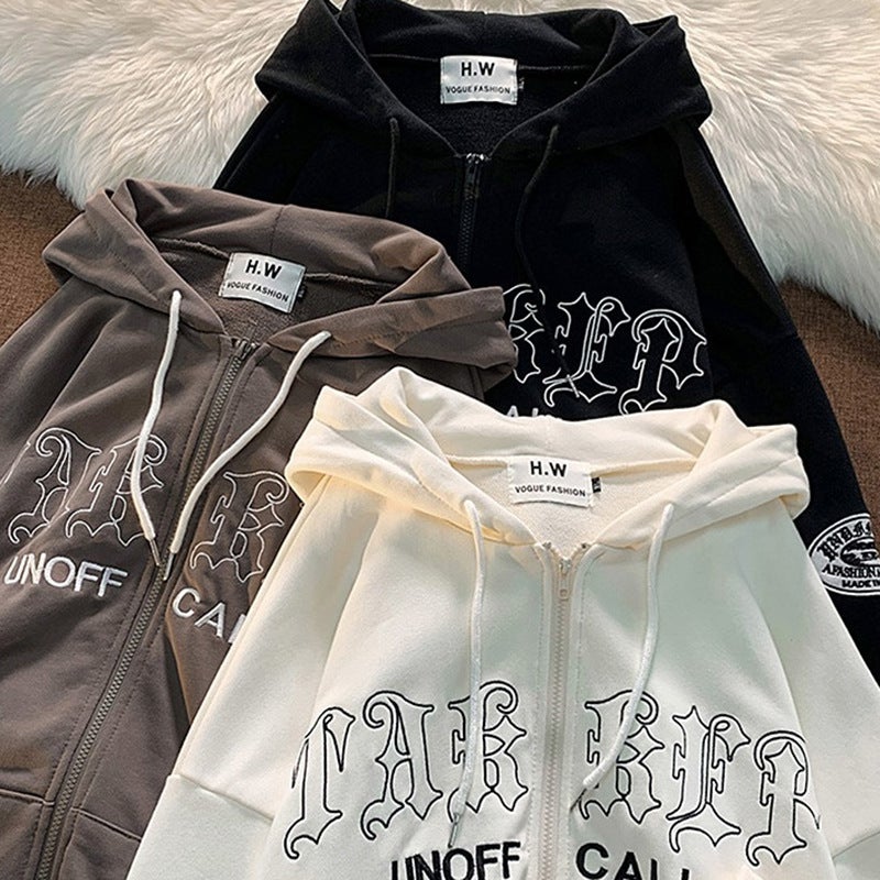 European and American retro letter embroidered hooded jacket men's and women's 2022 spring and autumn fashion brand street loose casual sweater cardigan - Image 3