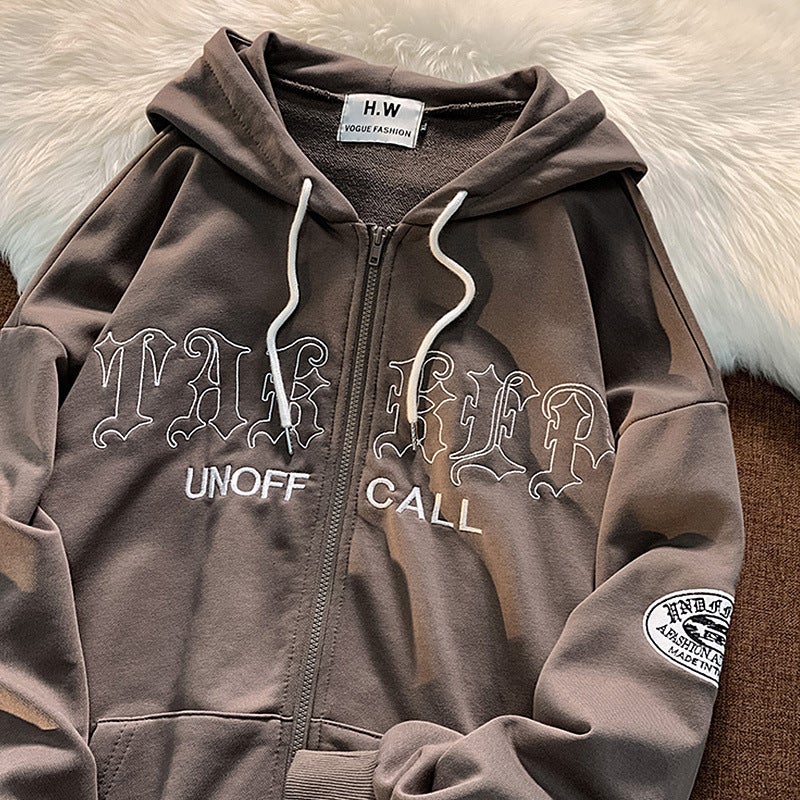 European and American retro letter embroidered hooded jacket men's and women's 2022 spring and autumn fashion brand street loose casual sweater cardigan - Image 2