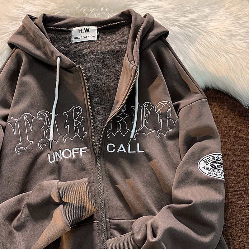 European and American retro letter embroidered hooded jacket men's and women's 2022 spring and autumn fashion brand street loose casual sweater cardigan - Image 4