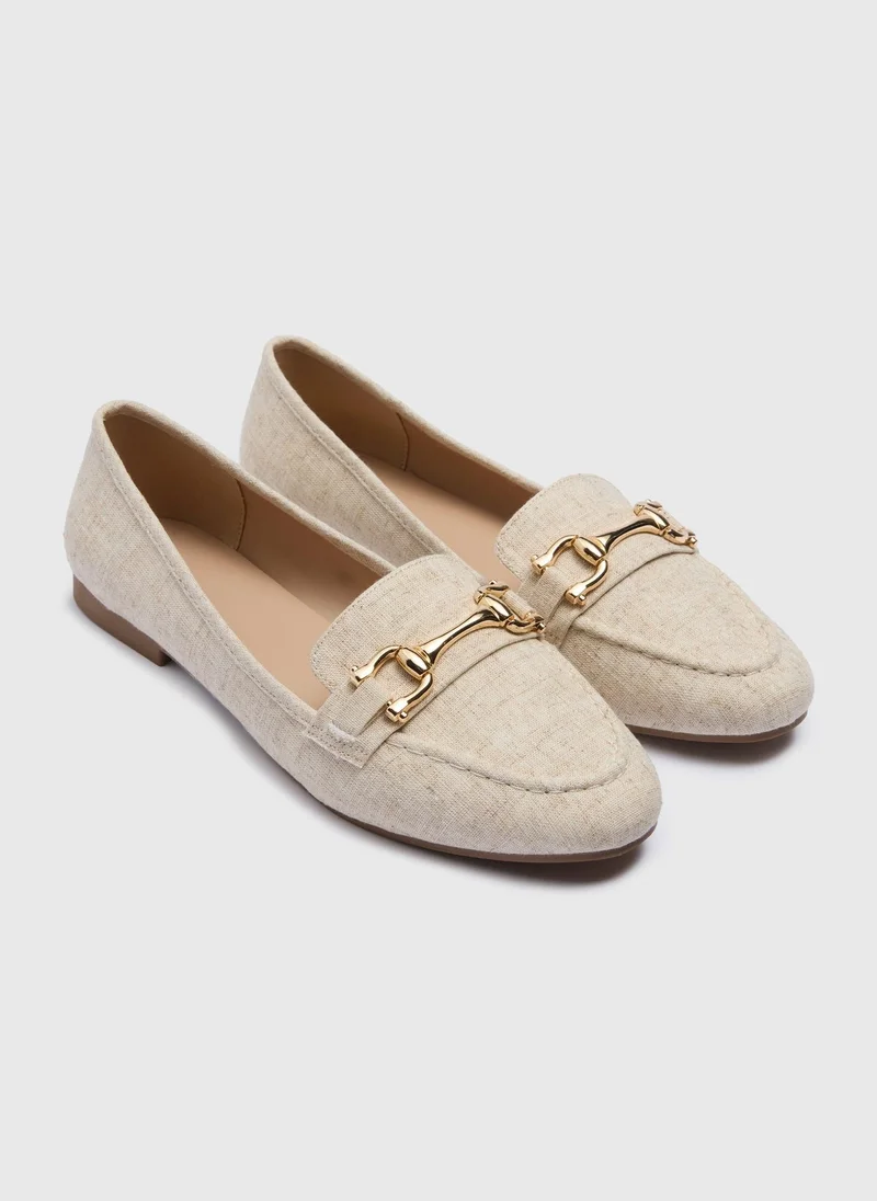 Matalan Natural Linen Blend Gold Metal Bar Loafers