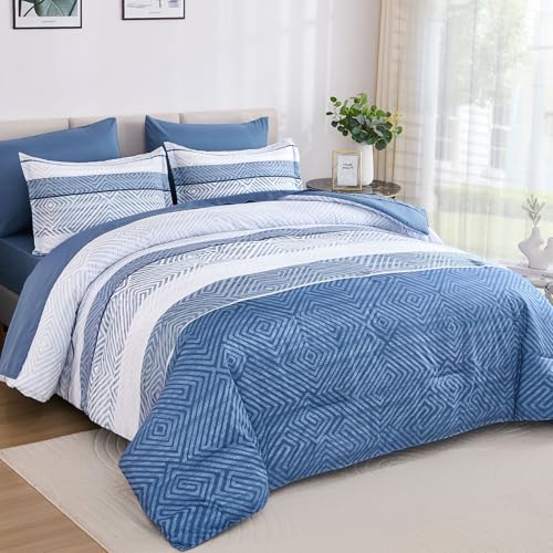 Drucon 7 Piece Striped Comforter Set King Size Light Blue Bed in a Bag, Soft Microfiber Complete Bedding Set with Sheets for All Season - Image 1
