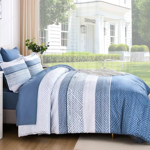 Drucon 7 Piece Striped Comforter Set King Size Light Blue Bed in a Bag, Soft Microfiber Complete Bedding Set with Sheets for All Season - Image 4