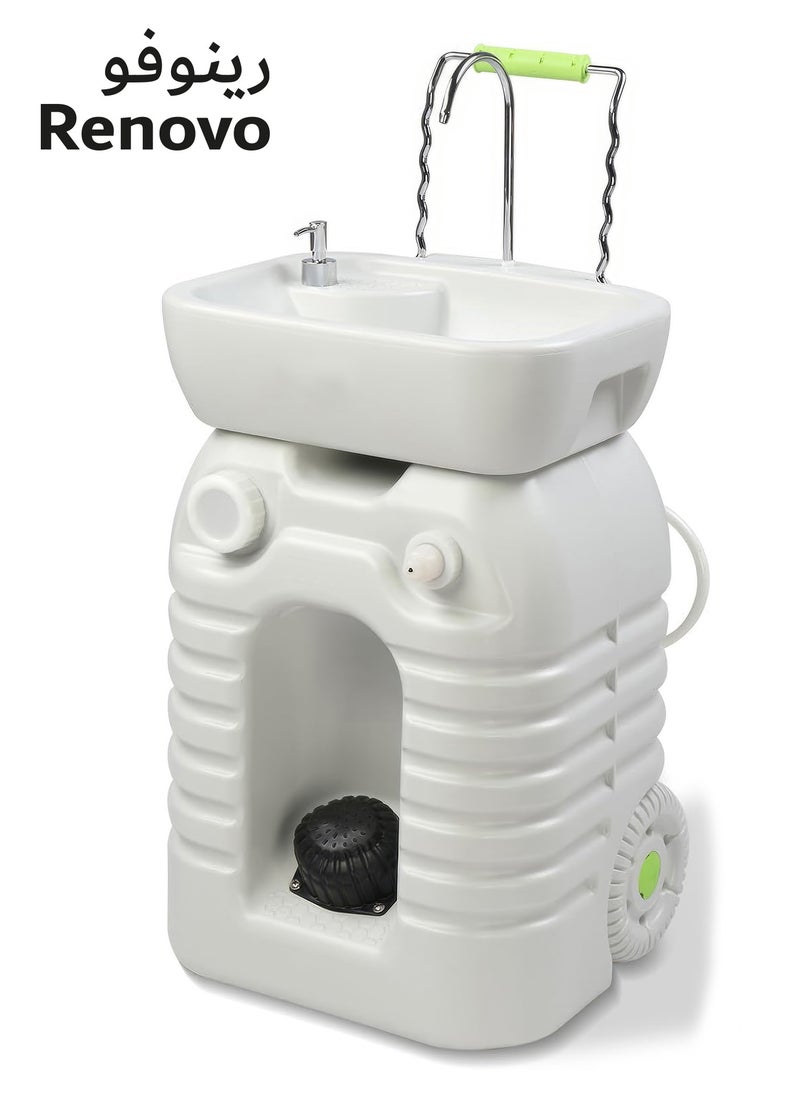 RENOVO Portable Camping Sink & Water Reserve with Large 45L Capacity Water Tank, Hands-Free Foot Pump, Faucet, Soap Dispenser, Rolling Wheels & Carry Handle  - Image 1
