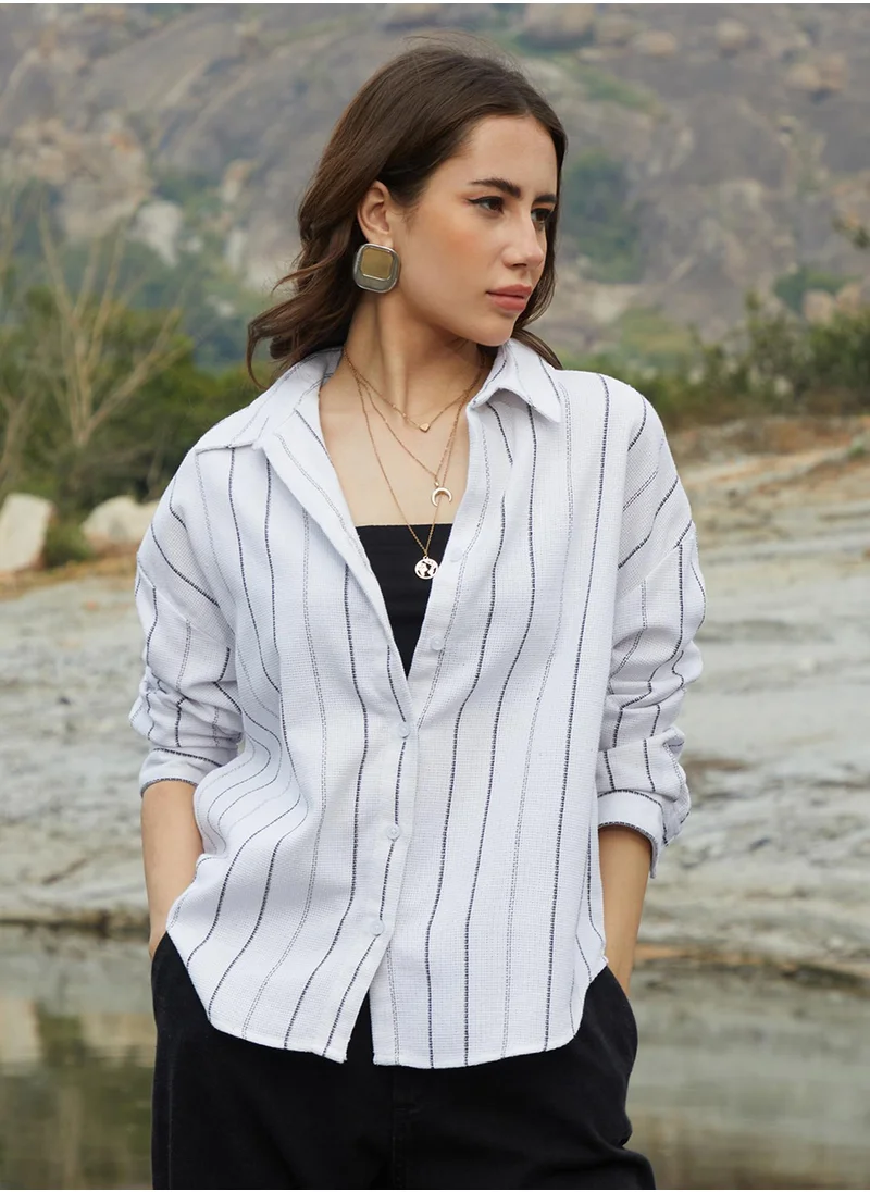 Campus Sutra Women's Daisy White Woven Stripe Oversized Shirt